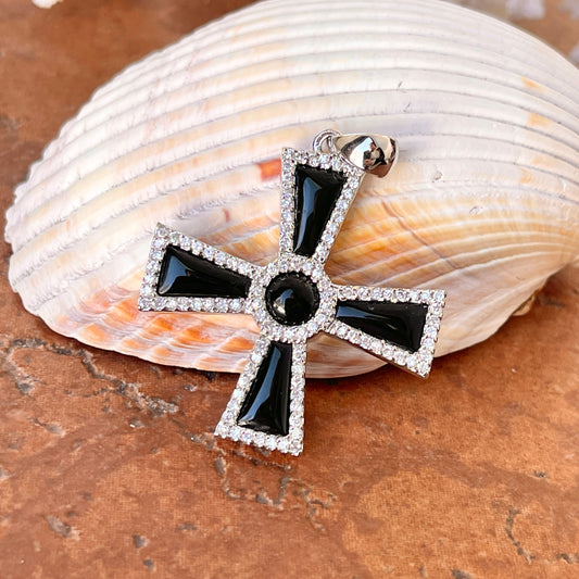 Sterling Silver Black Onyx + CZ Maltese Cross Pendant 42mm