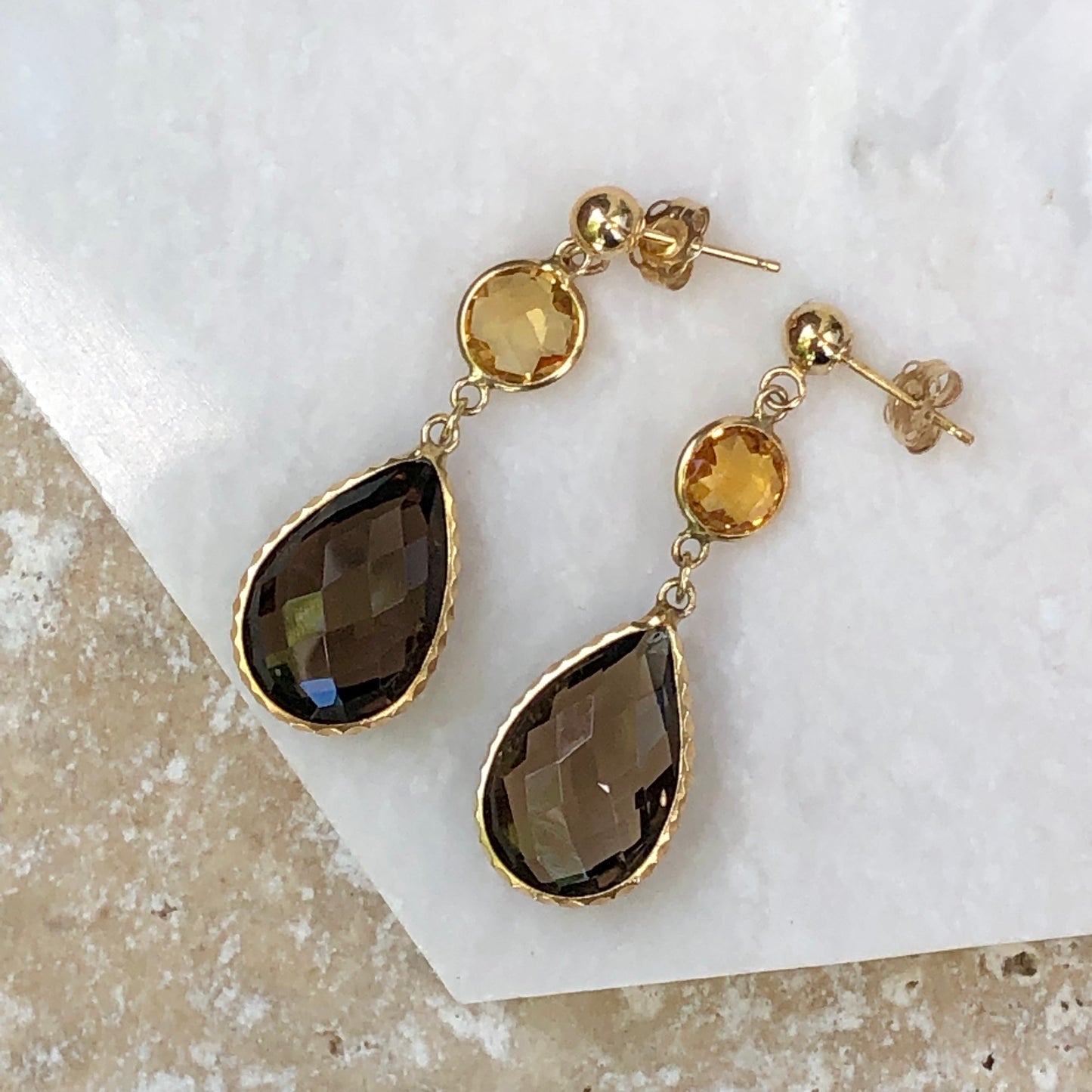 14KT Yellow Gold Smokey Quartz + Citrine Dangle Earrings, 14KT Yellow Gold Smokey Quartz + Citrine Dangle Earrings - Legacy Saint Jewelry