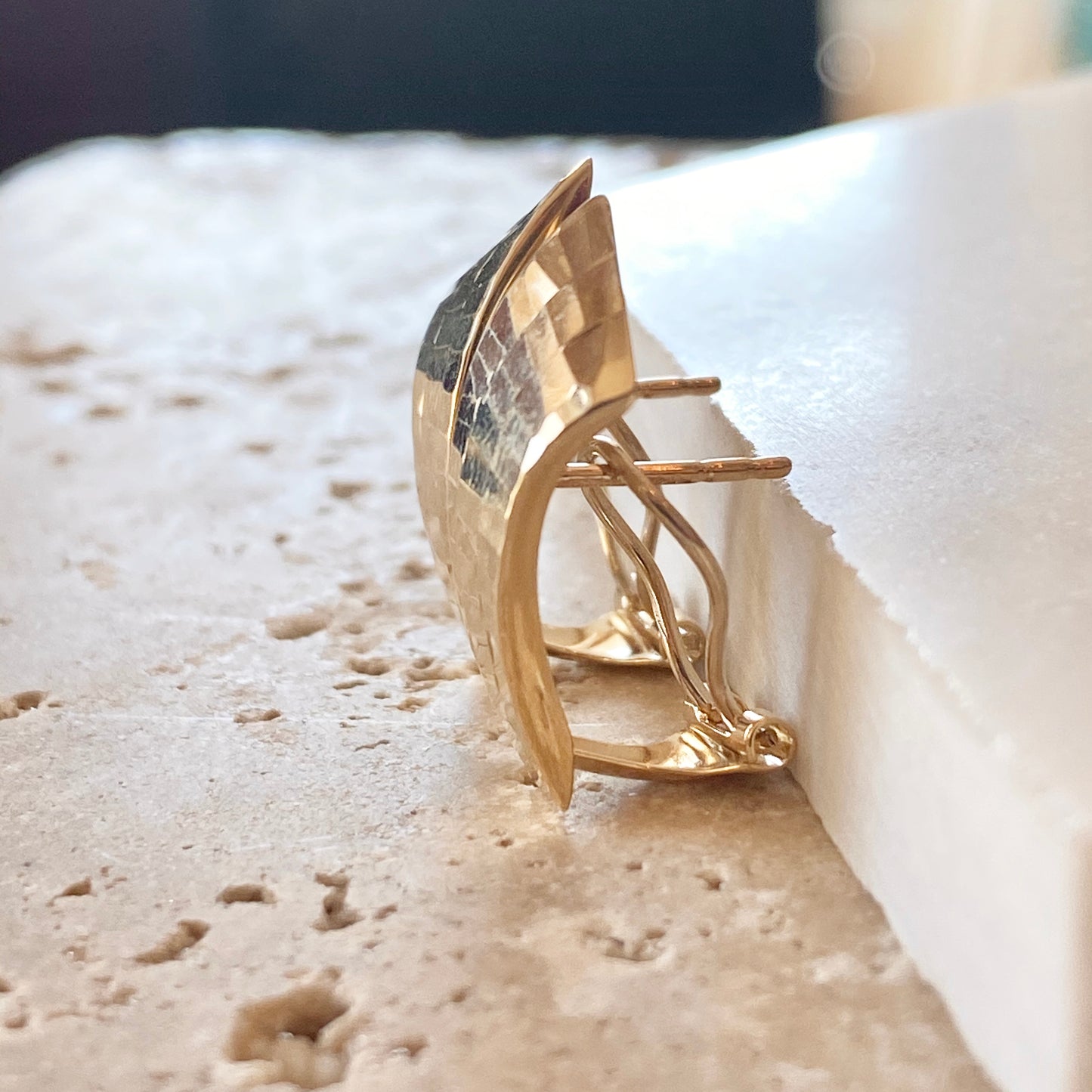 14KT Yellow Gold Hammered Hinged Omega Back Earrings, 14KT Yellow Gold Hammered Hinged Omega Back Earrings - Legacy Saint Jewelry