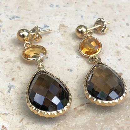 14KT Yellow Gold Smokey Quartz + Citrine Dangle Earrings, 14KT Yellow Gold Smokey Quartz + Citrine Dangle Earrings - Legacy Saint Jewelry