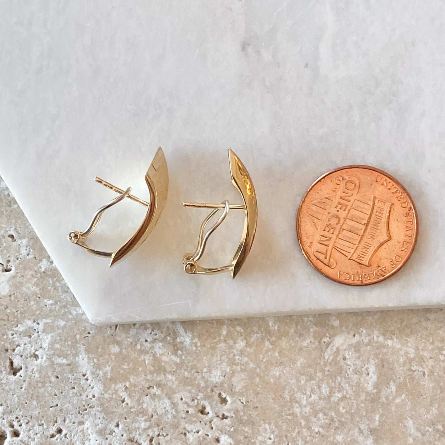 14KT Yellow Gold Hammered Hinged Omega Back Earrings, 14KT Yellow Gold Hammered Hinged Omega Back Earrings - Legacy Saint Jewelry