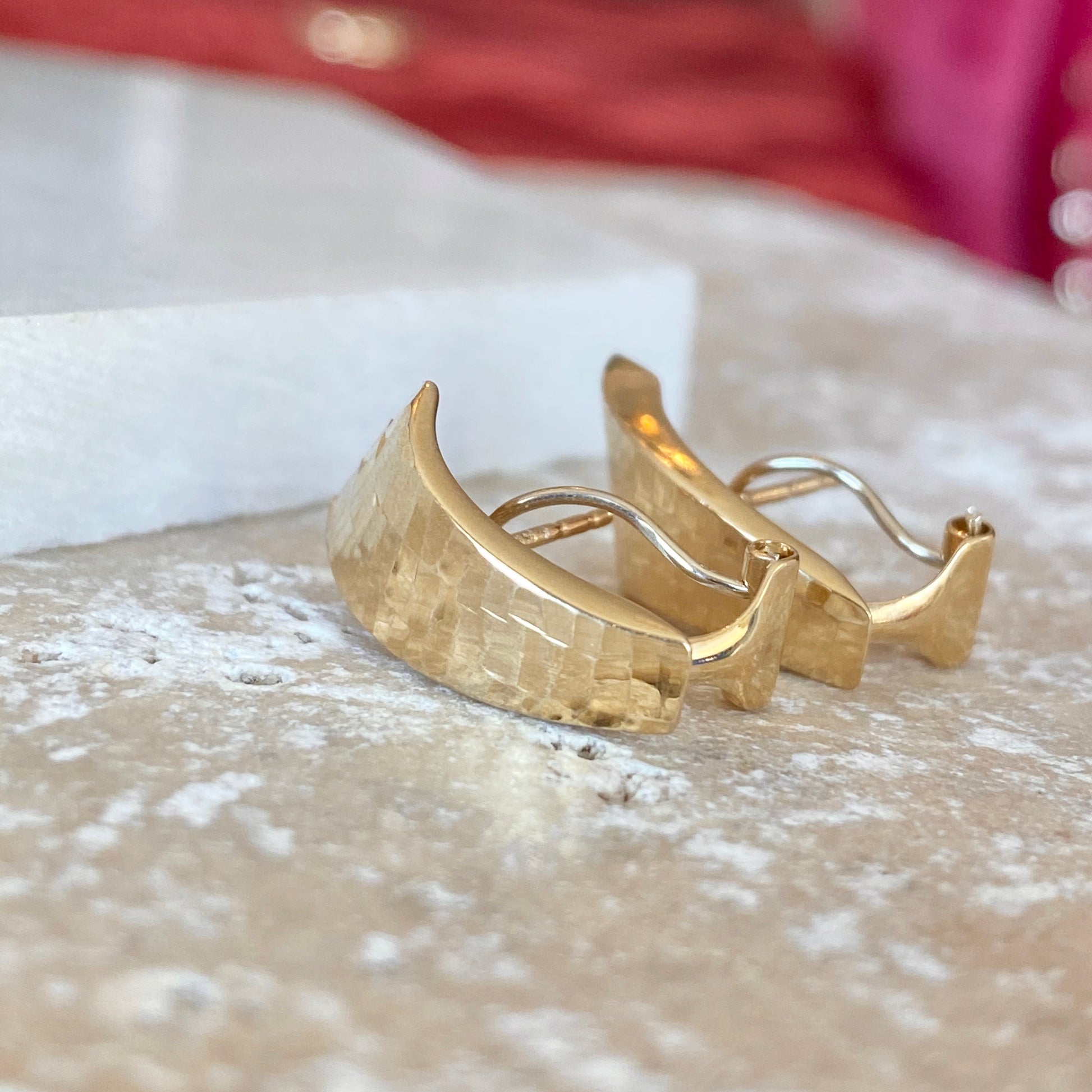 14KT Yellow Gold Hammered Hinged Omega Back Earrings, 14KT Yellow Gold Hammered Hinged Omega Back Earrings - Legacy Saint Jewelry