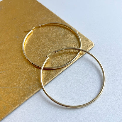 10KT Yellow Gold Thin Round Tube Hoop Earrings 55mm