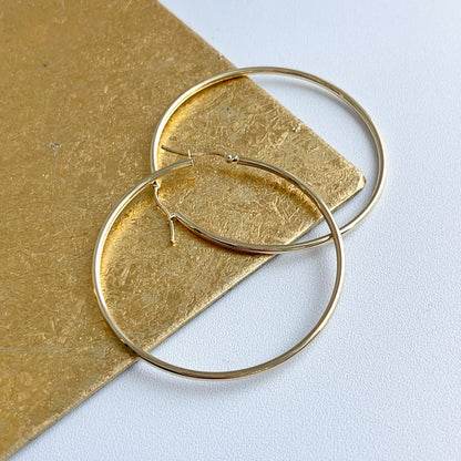 10KT Yellow Gold Thin Round Tube Hoop Earrings 55mm