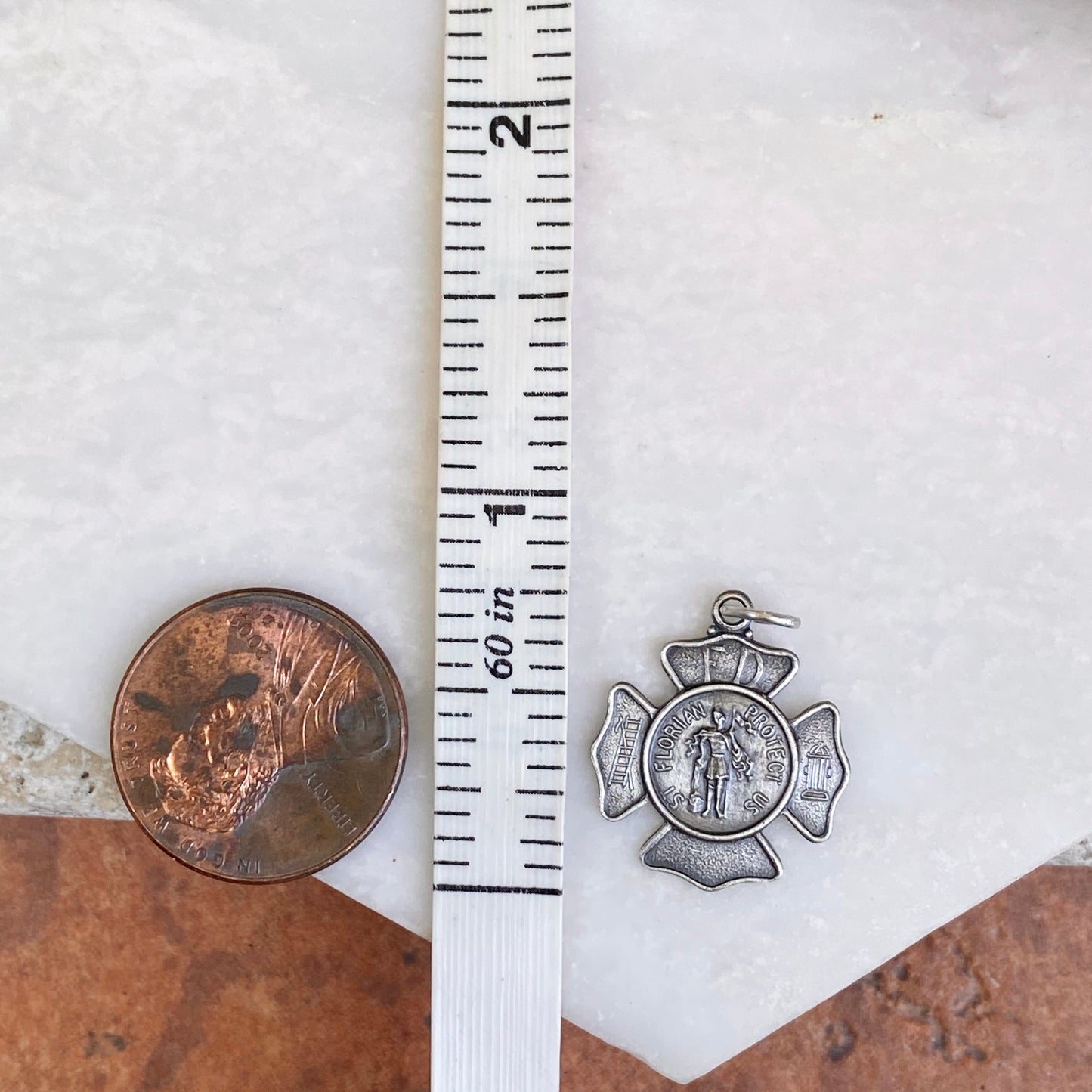 Sterling Silver Antiqued Saint Florian Protect Us Badge Pendant 25mm