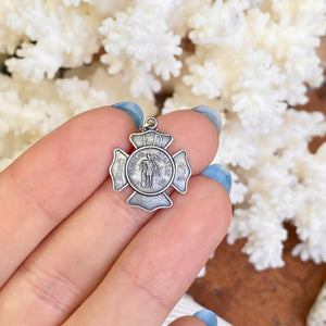 Sterling Silver Antiqued Saint Florian Protect Us Badge Pendant 25mm