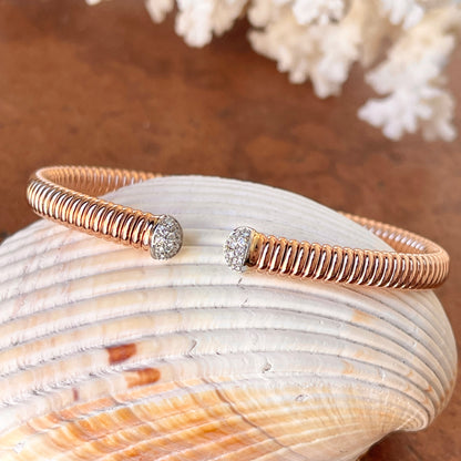 18KT Rose Gold Pave Diamond End Cap Corrugated Cuff Bangle Bracelet