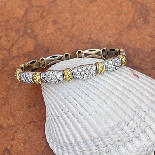 Estate 18KT Yellow Gold + White Gold Pave White + Yellow Diamond Stretch Bangle Bracelet