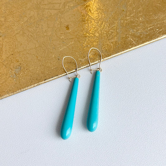 14KT Yellow Gold Teardrop Genuine Turquoise Dangle Earrings