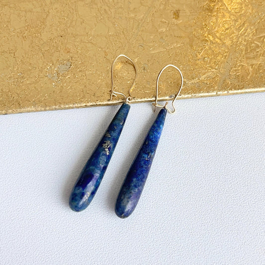 14KT Yellow Gold Teardrop Genuine Lapis Lazuli Dangle Earrings