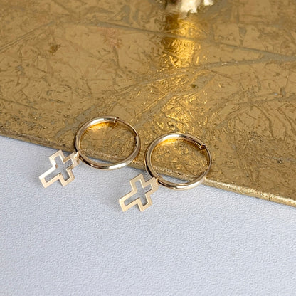 14KT Yellow Gold Cross Charm Endless Hoop Earrings 15mm