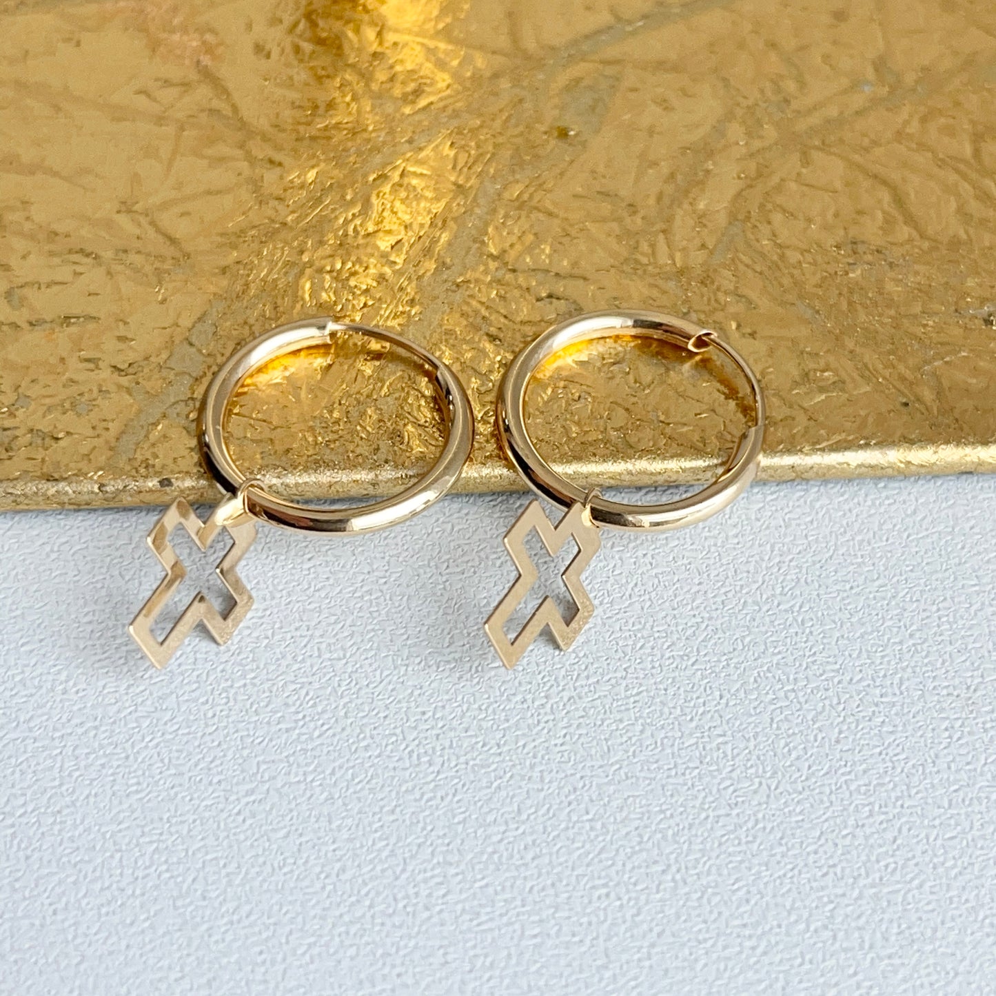 14KT Yellow Gold Cross Charm Endless Hoop Earrings 15mm