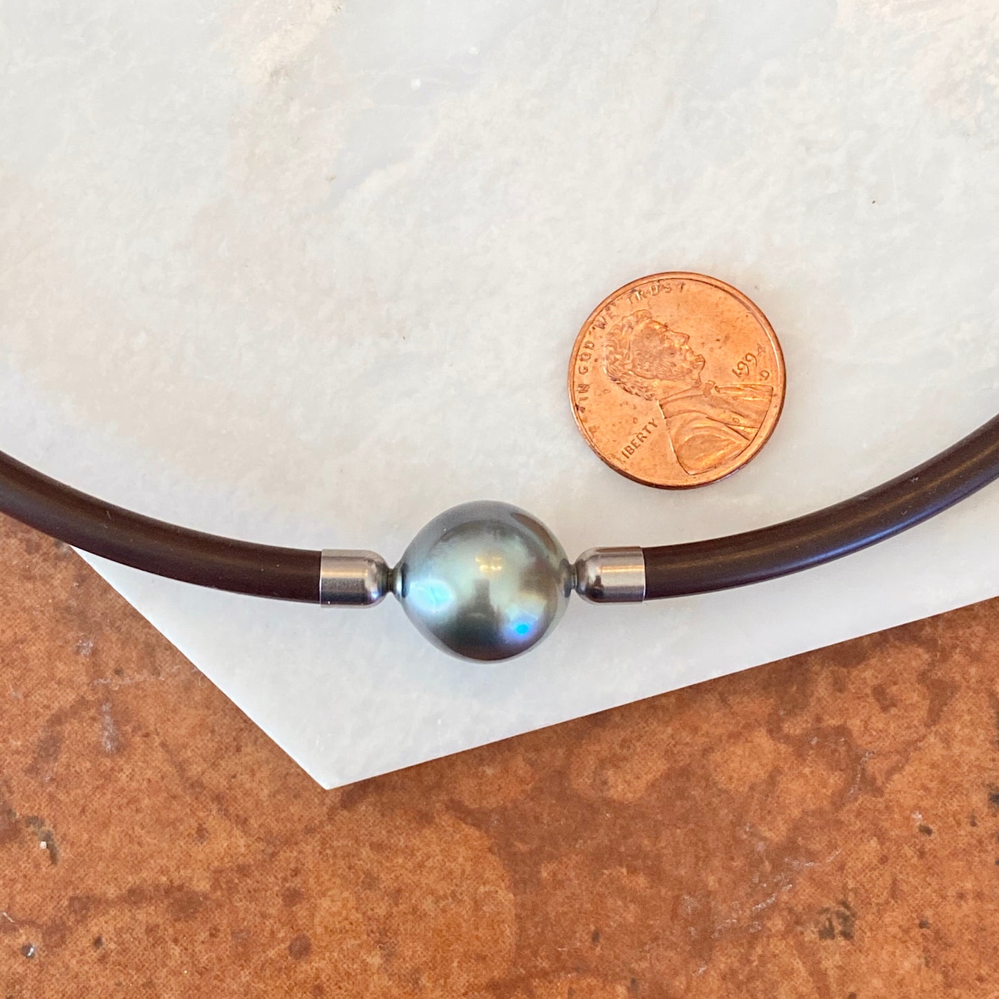 Stainless Steel + Brown Rubber Gray Tahitian Pearl Collar Necklace 16", Stainless Steel + Brown Rubber Gray Tahitian Pearl Collar Necklace 16" - Legacy Saint Jewelry