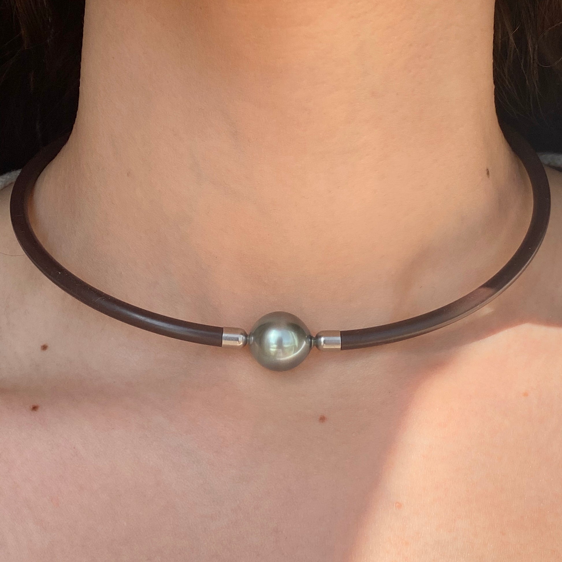 Stainless Steel + Brown Rubber Gray Tahitian Pearl Collar Necklace 16", Stainless Steel + Brown Rubber Gray Tahitian Pearl Collar Necklace 16" - Legacy Saint Jewelry
