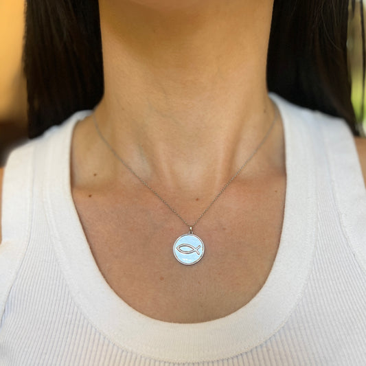 14KT White Gold Matte Ichthus Round Medal Disc Pendant 20mm