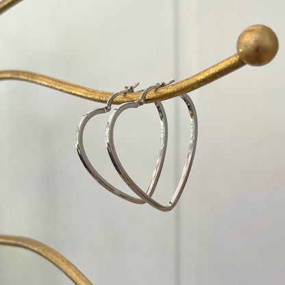 14KT White Gold Thin Open Heart Hoop Earrings 30mm