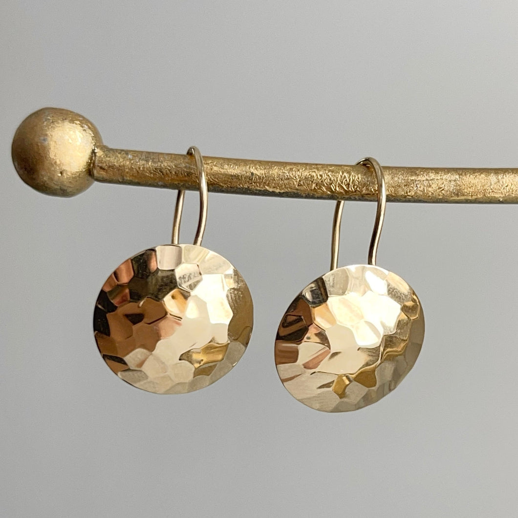 14KT Yellow Gold Hammered Disc Drop Earrings