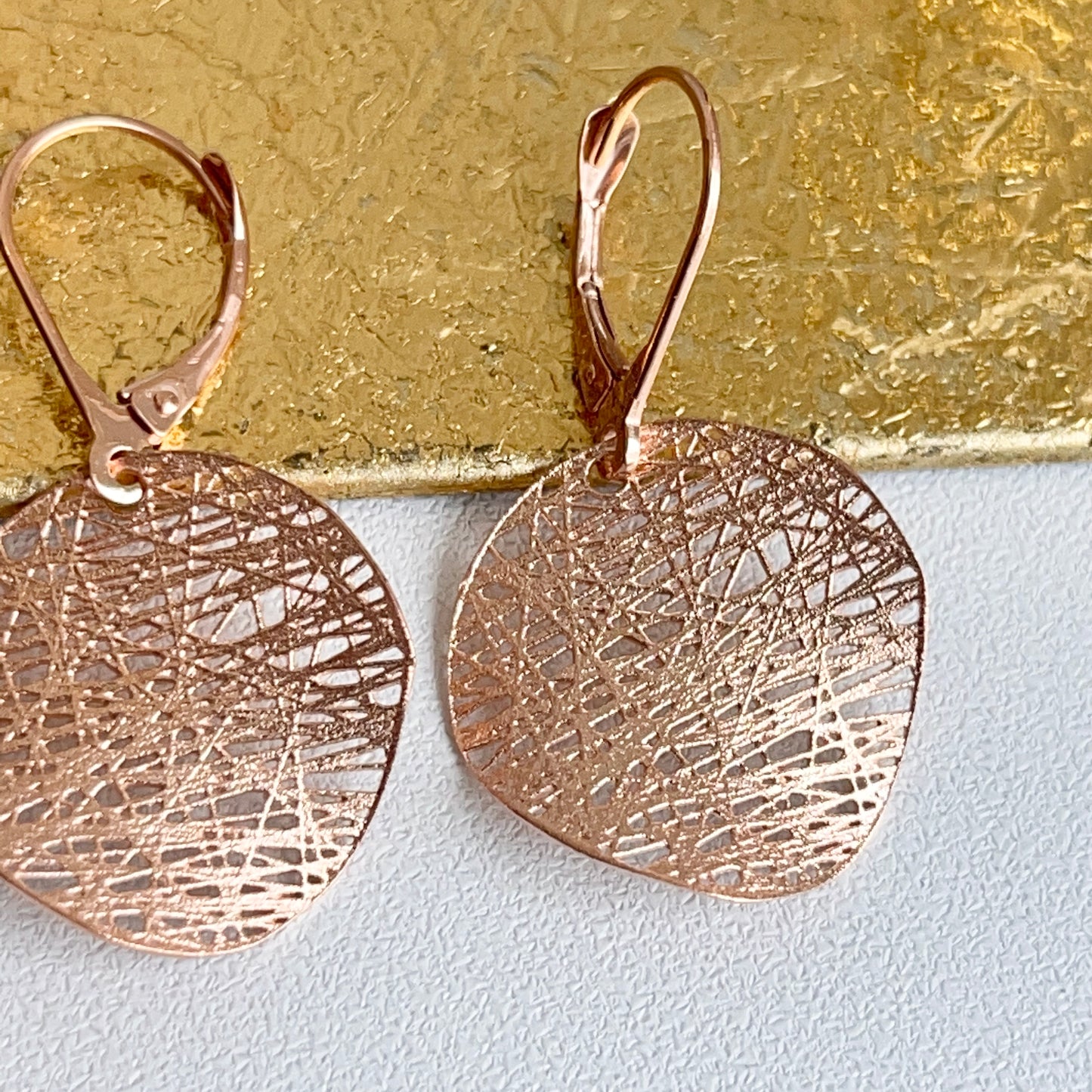 14KT Rose Gold Matte Textured Cobweb Disc Lever Back Earrings