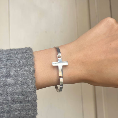 Sterling Silver Sideways Cross Stacking Bangle Bracelet