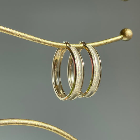 14KT Yellow Gold Satin + Shiny Round Hoop Earrings 35mm