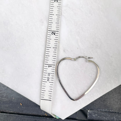 14KT White Gold Thin Open Heart Hoop Earrings 30mm