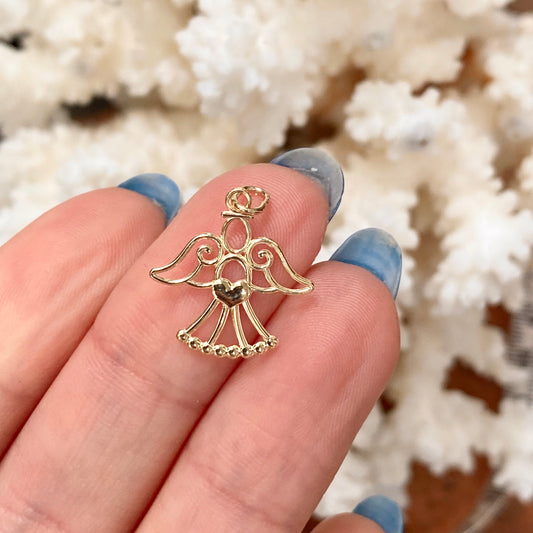 14KT Yellow Gold Cut-Out Guardian Angel with Heart Pendant Charm