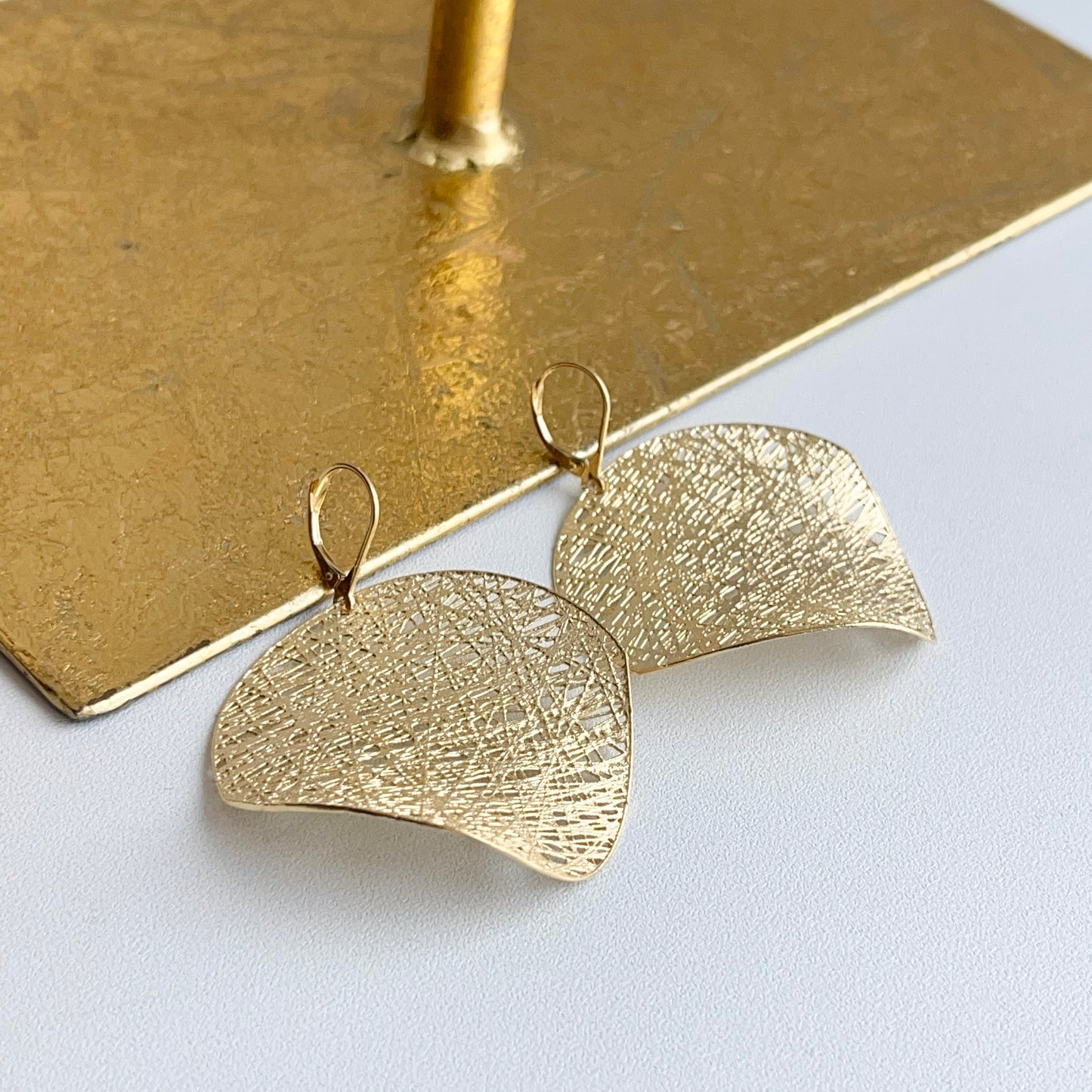 14KT Yellow Gold Large Disc Cobweb Matte Lever Back Earrings