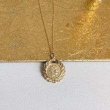 Load image into Gallery viewer, 14KT Yellow Gold Leaf Frame Roman Coin Disc Pendant Necklace