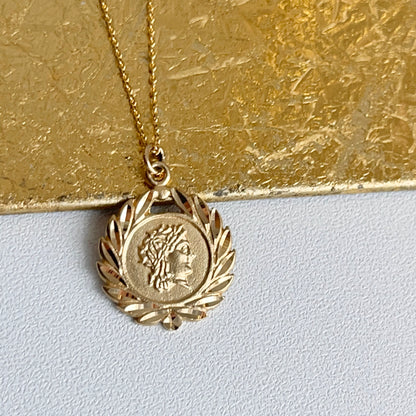 14KT Yellow Gold Leaf Frame Roman Coin Disc Pendant Necklace