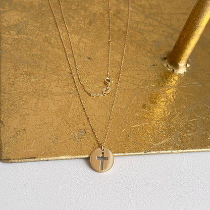 14KT Yellow Gold Cross Cut-Out Disc Pendant Necklace