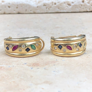 Estate 14KT Yellow Gold Sapphire, Ruby + Emerald Diamond Half-Hoop Earrings - Legacy Saint Jewelry