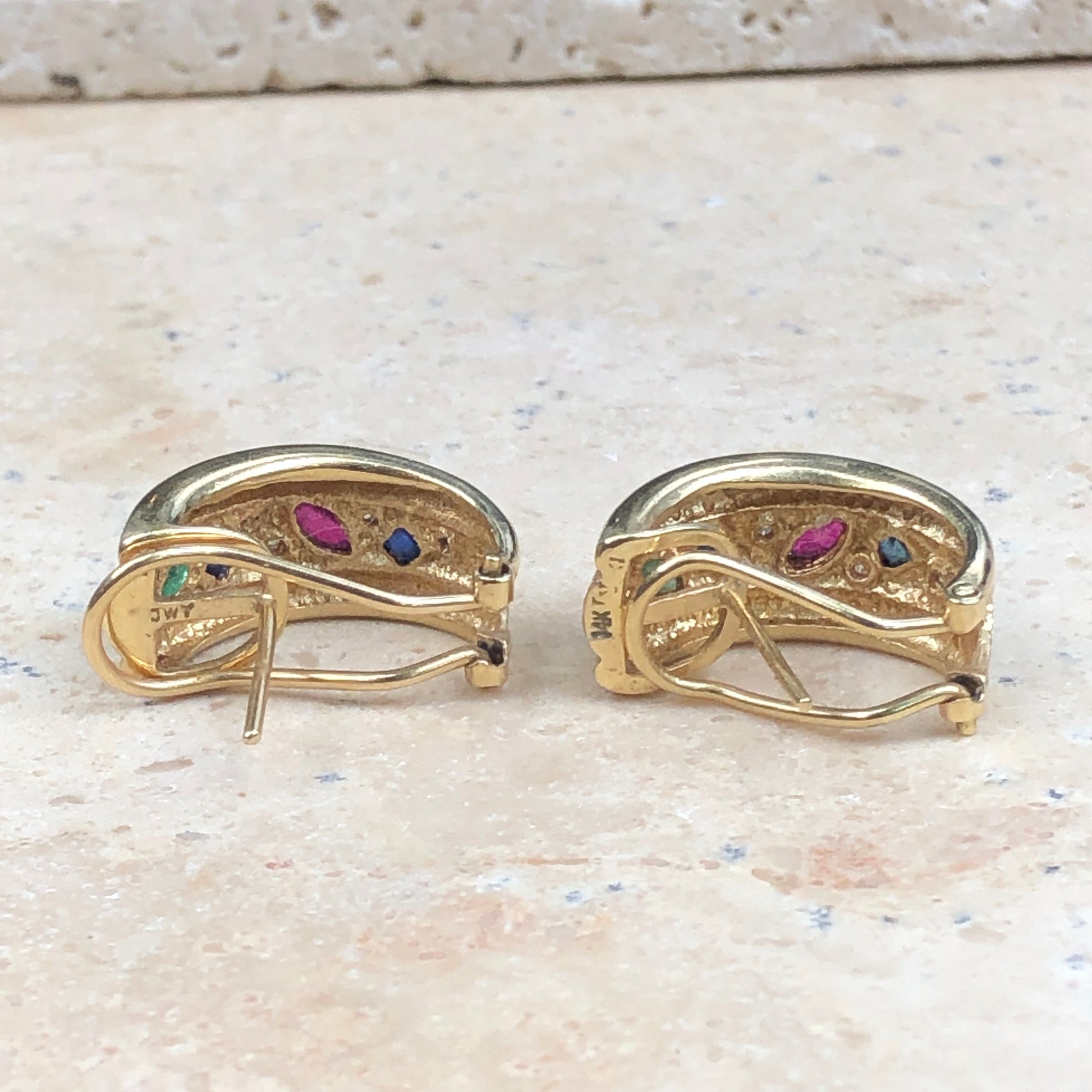 Estate 14KT Yellow Gold Sapphire, Ruby + Emerald Diamond Half-Hoop Earrings - Legacy Saint Jewelry