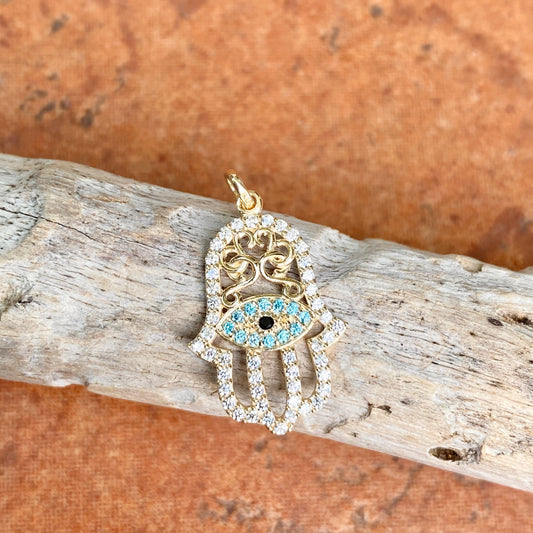 14KT Yellow Gold Multi-Colored CZ Filigree Hamsa Pendant 22mm