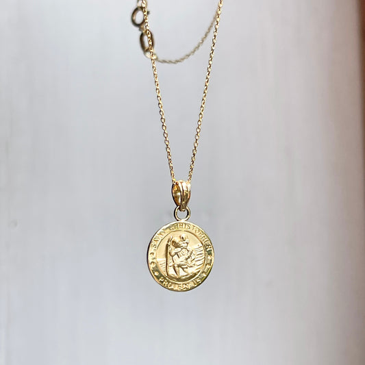 14KT Yellow Gold 15mm St. Christopher Round Medal Chain Necklace