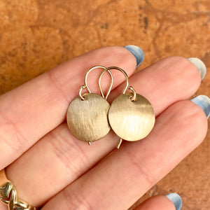 14KT Yellow Gold Brushed Matte Round Disc Dangle Earrings