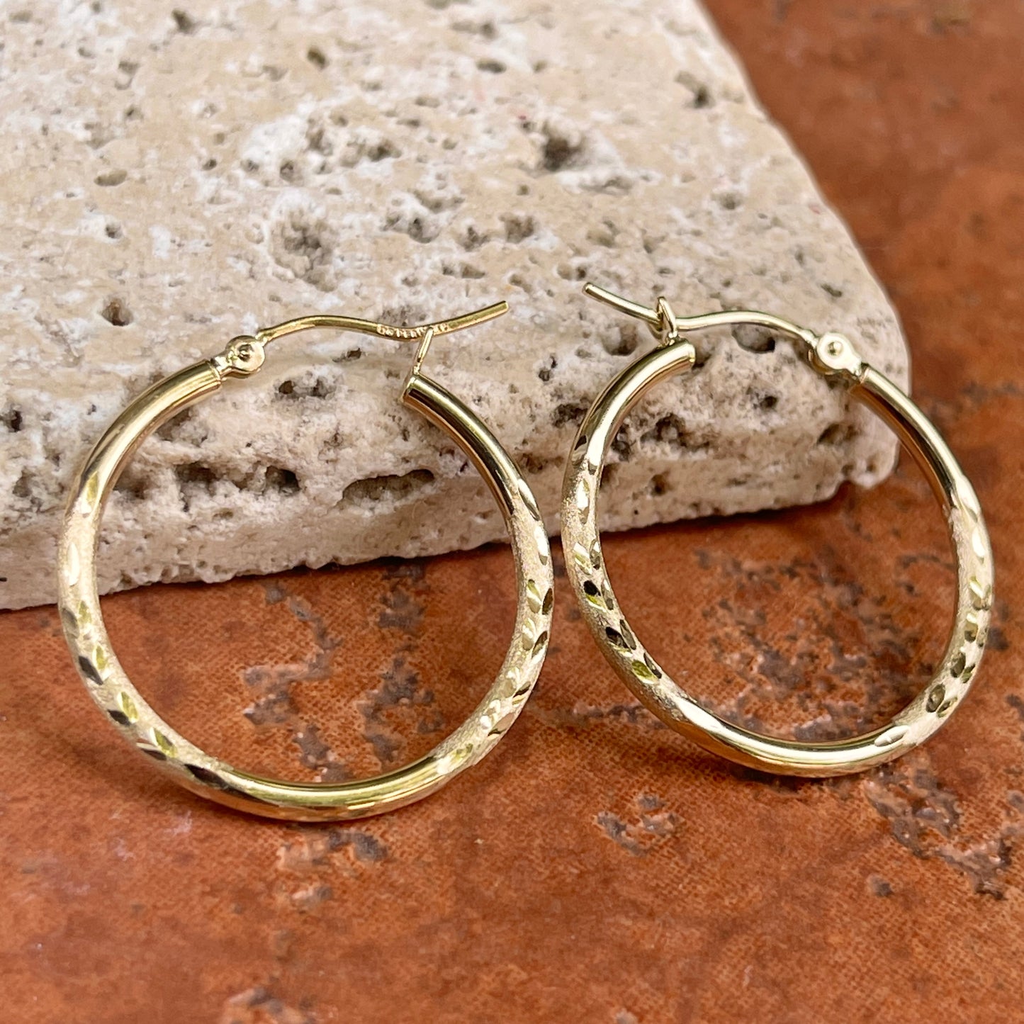 14KT Yellow Gold 2mm Tube Diamond-Cut + Shiny Hoop Earrings 25mm