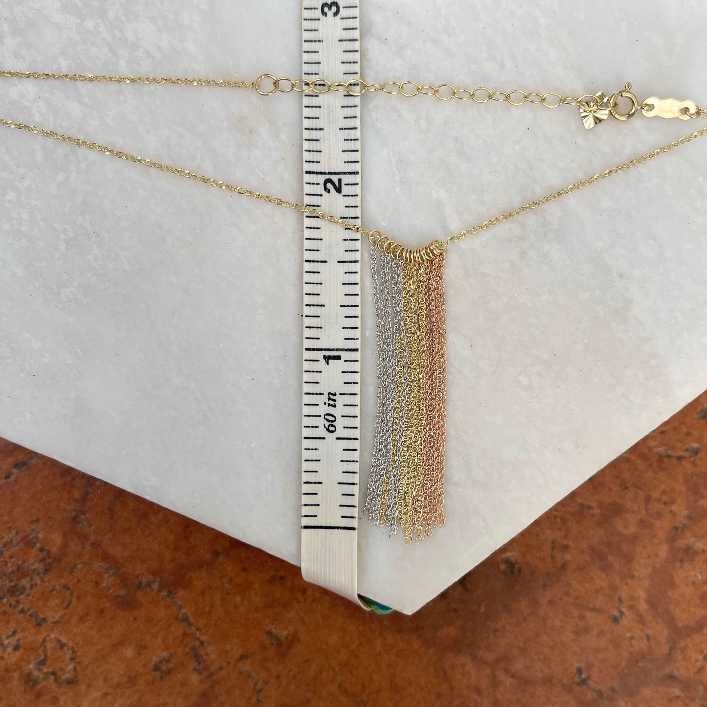 14KT Yellow Gold, Rose Gold, + White Gold Tassel Chain Lariat Necklace