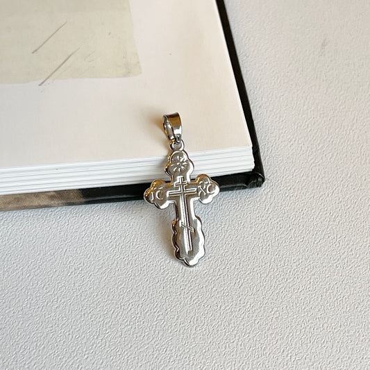 14KT White Gold Detailed Eastern Orthodox Cross Pendant 22mm