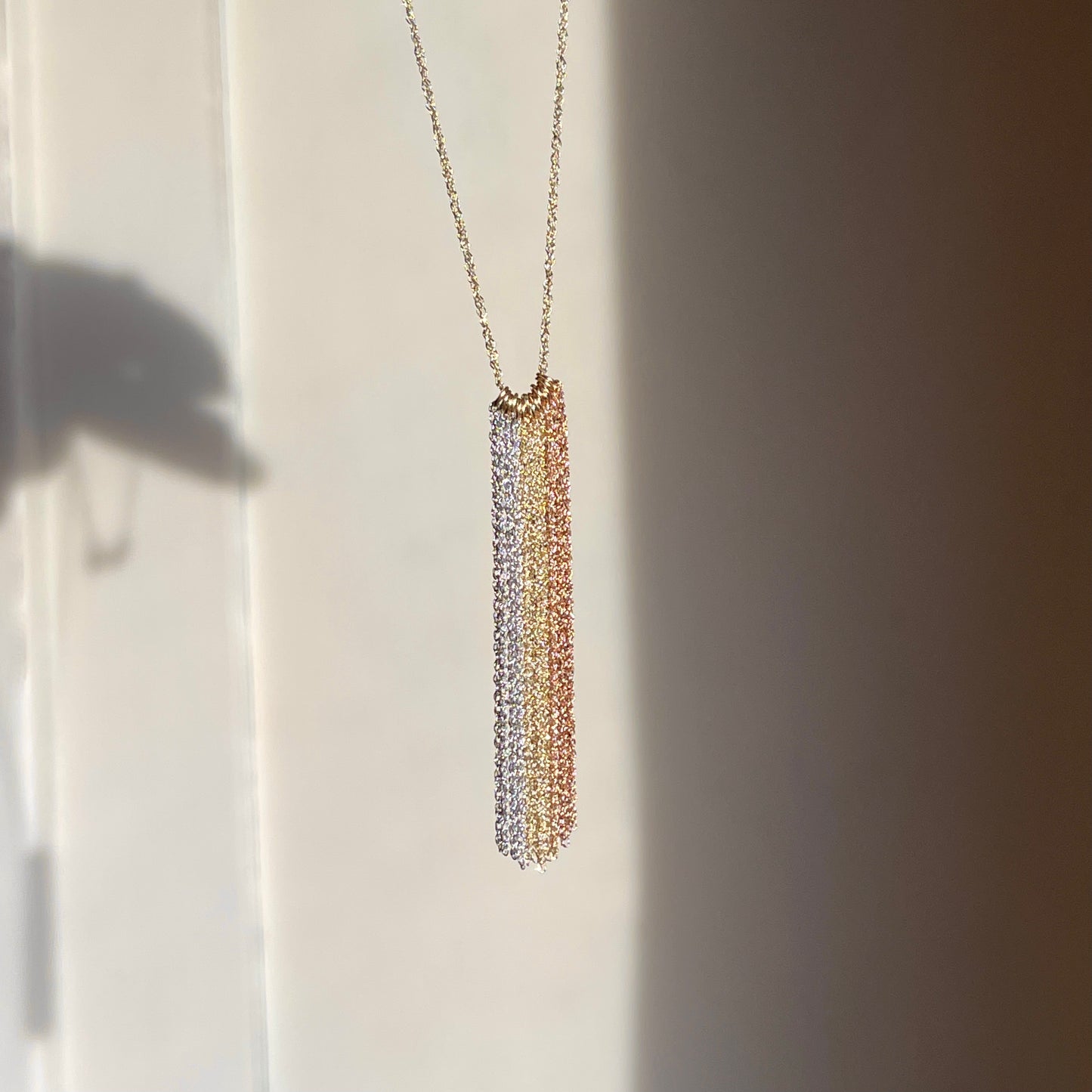 14KT Yellow Gold, Rose Gold, + White Gold Tassel Chain Lariat Necklace