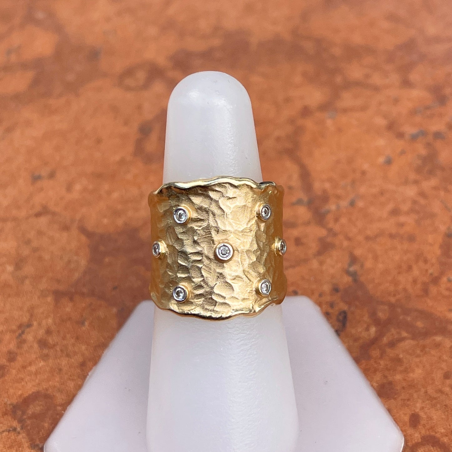 Estate I. Reiss 14KT Yellow Gold Gypsy Diamond Hammered Cigar Band Ring