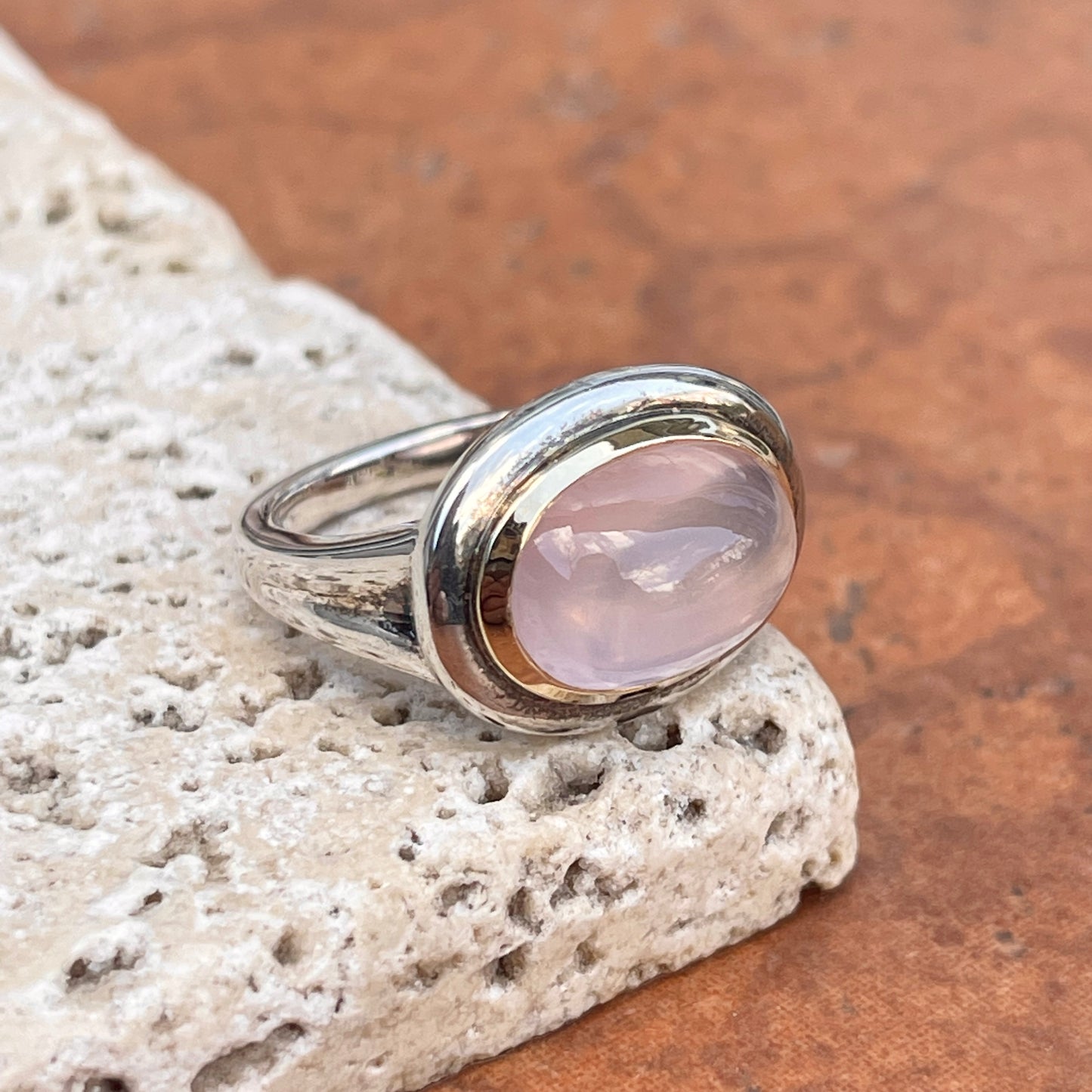 Sterling Silver + 14KT Yellow Gold Oval Rose Quartz Dome Ring