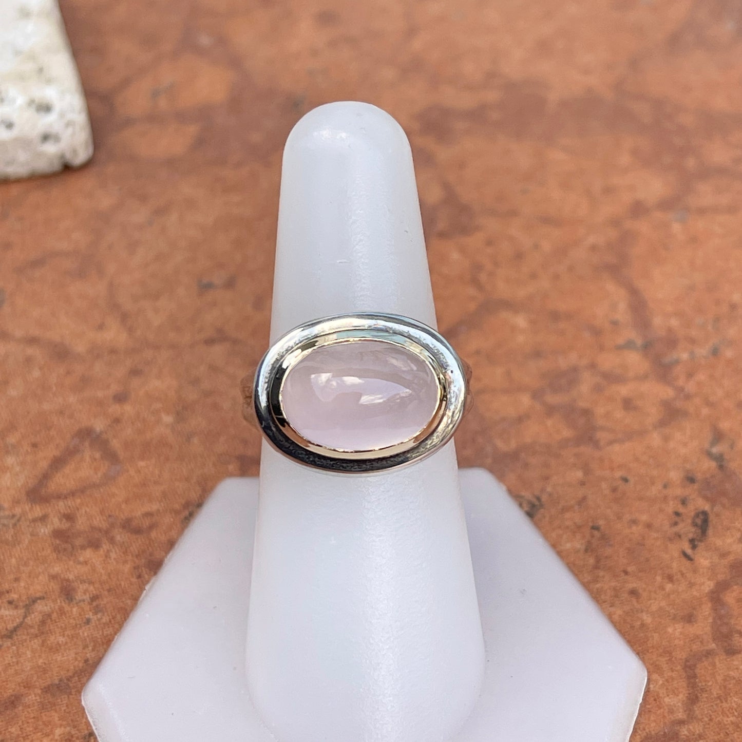 Sterling Silver + 14KT Yellow Gold Oval Rose Quartz Dome Ring