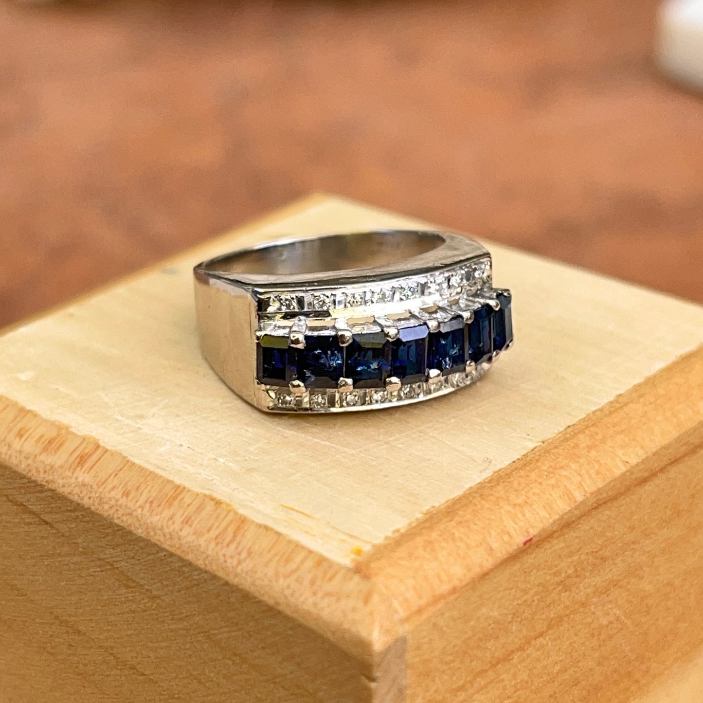 Estate 18KT White Gold Emerald-Cut Blue Sapphires + Channel Diamonds Ring