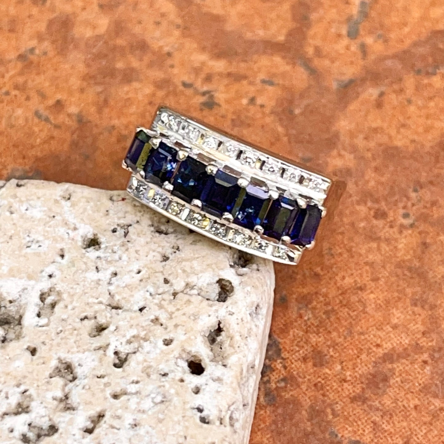 Estate 18KT White Gold Emerald-Cut Blue Sapphires + Channel Diamonds Ring
