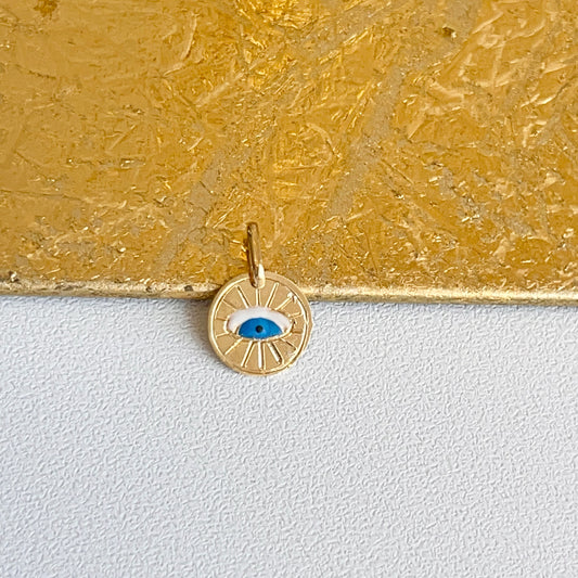 14KT Yellow Gold Blue Enamel Evil Eye Disc Pendant Charm