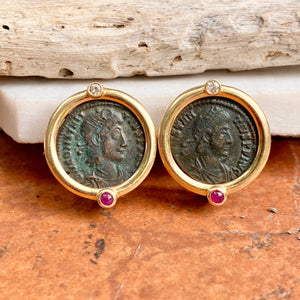 Estate 14KT Yellow Gold Etruscan Roman Coin Ruby + Diamond Omega Back Earrings