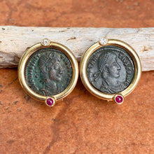 Load image into Gallery viewer, Estate 14KT Yellow Gold Etruscan Roman Coin Ruby + Diamond Omega Back Earrings