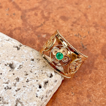 Estate 14KT Yellow Gold Round Emerald Clover Design Cigar Band Ring