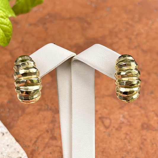 Estate 14KT Yellow Gold Ribbed + Domed Half-Hoop Omega Back Earrings