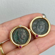 Load image into Gallery viewer, Estate 14KT Yellow Gold Etruscan Roman Coin Ruby + Diamond Omega Back Earrings